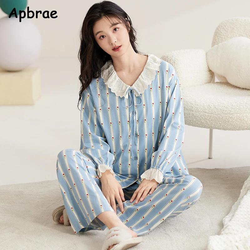 Cute Princess Style Pajama Autumn Winter New Women Pajamas Turn-down Collor Cotton Long Sleeves Sleepwear Woman Pijamas