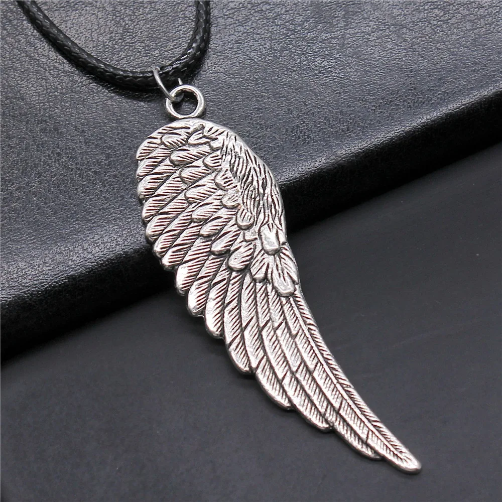 Unisex Retro Vintage Antique Silver Color 66x20mm Big Angel Wing Pendant Faux Black Leather Rope Chain Necklace