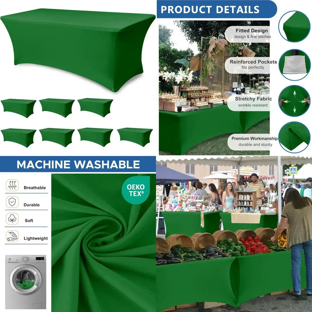 

Green Elastic 6ft Rectangle Table Covers (8 Pack) for Christmas Parties, Booths, and Events