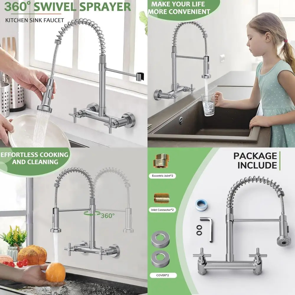 

8-дюймовый настенный смеситель для раковины с двумя ручками и выдвижным распылителем для кухни, прачечной и ресторанов