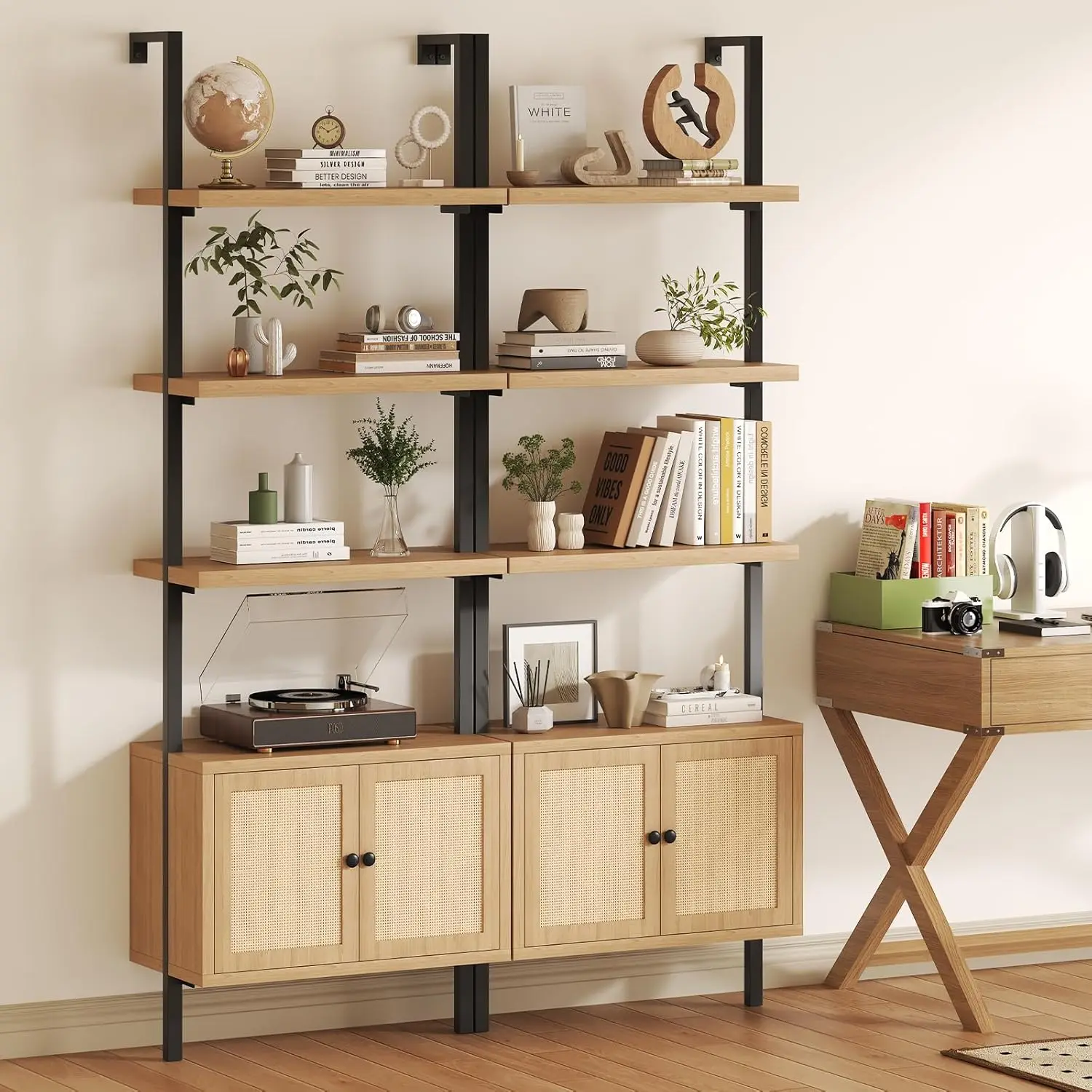 

Ladder Bookshelf, 4 Tier Book Shelf with Rattan Cabinet, Wall Mount Bookshelves and Bookcases with Metal Frame, Anti Dum