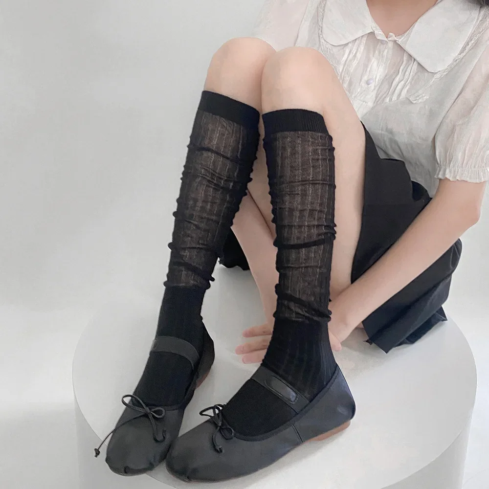 Chaussettes Hautes Respirantes Noires et Argentées pour Femme, sulf, d'École, Style Japonais JK