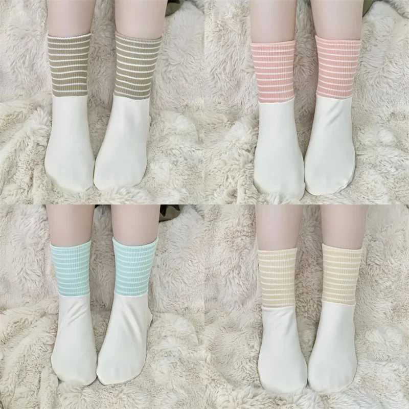 

4 pairs of spring summer plus size women's mid length tube socks striped moisture wicking socks simple comfortable socks