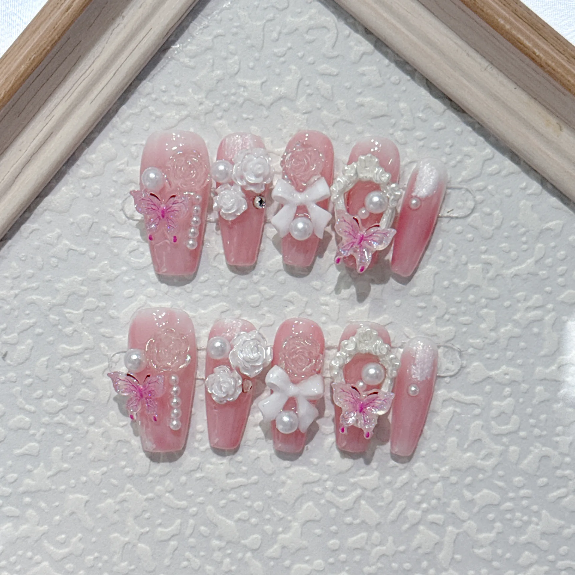 

10Pcs Pink Coffin Handmade Press on False Nails 3D Butterfly Rose Bow Fake Nails Full Cover Pearl Wearable Artificial Nails Tips