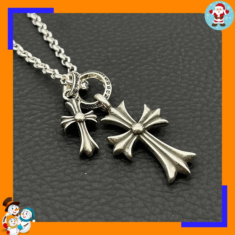 Premium Retro Ring Double Cross Necklace Men's and Women's Cross Flower Pendant Classic Sweater Chain Trendy Men's