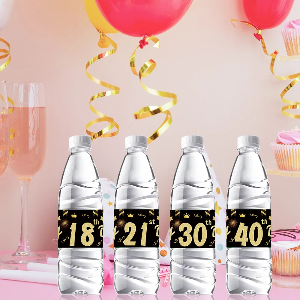 24Pcs Black Gold Birthday Bottle Sticker Happy 18 21 30 40 50 60 Years Old Birthday Party Decor Adult Birthday Party Supplies