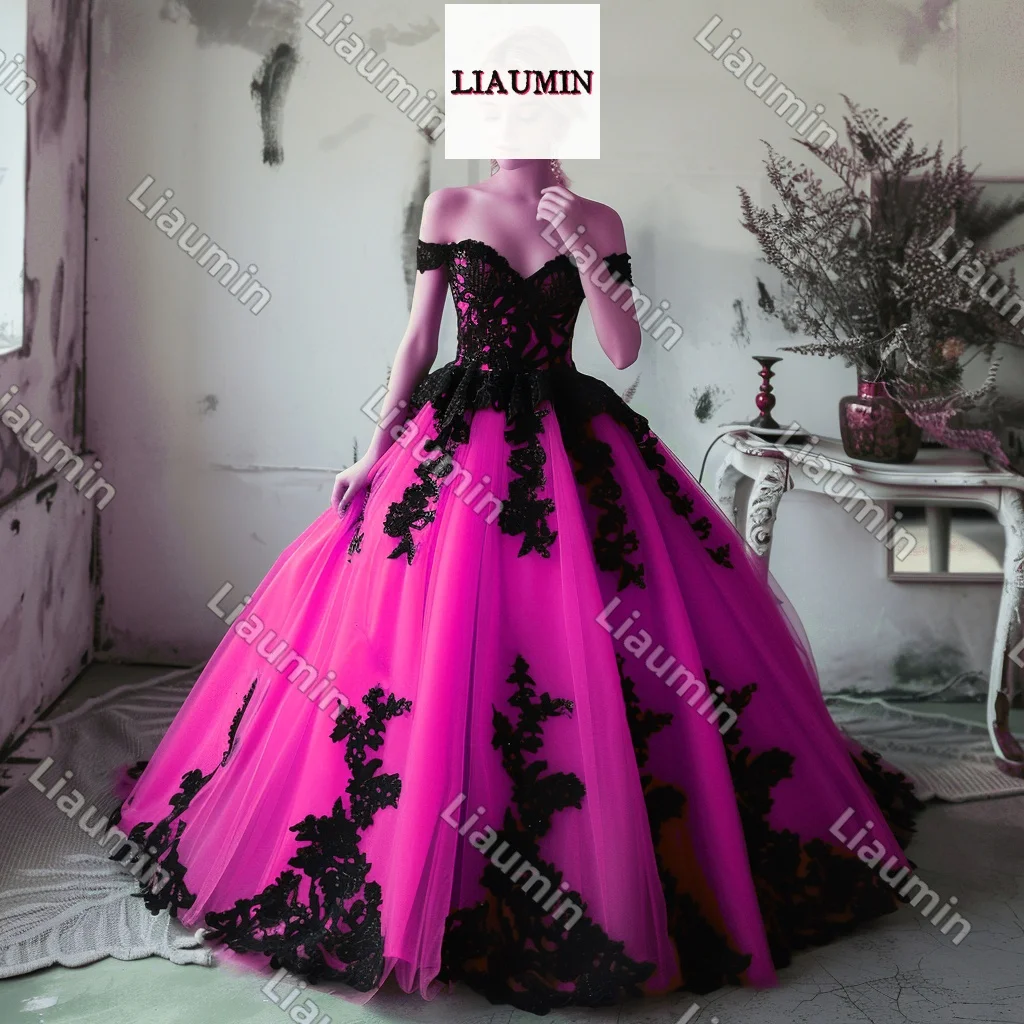 

Exquisite Tulle Black Lace Floral Applique Full Length Strapless Lace Up Back Wedding Formal Evening Prom Dress Custom J5-2.5