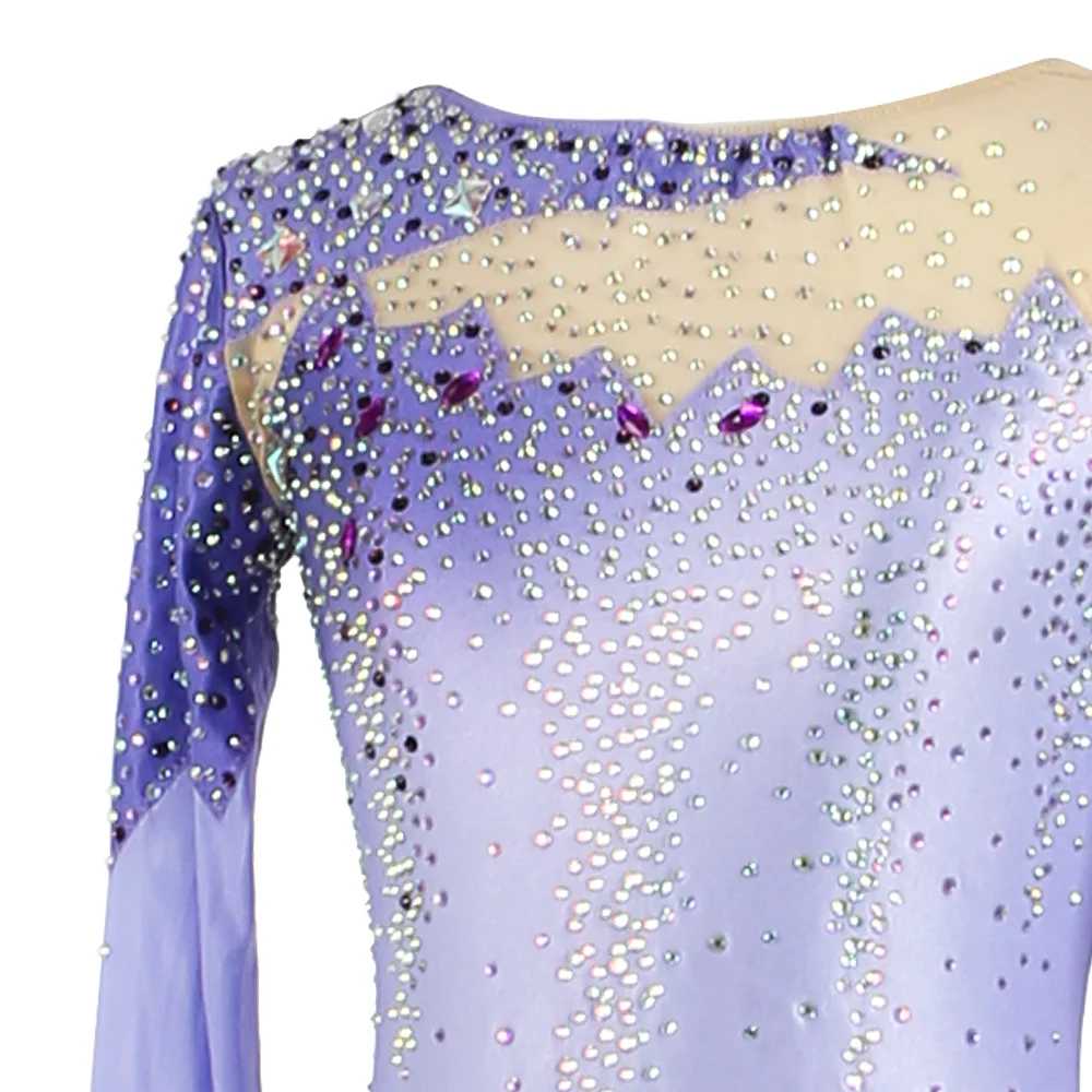 Custom Figure Skating Dress Light Purple Long Sleeved For Women Girls Ice Skating Skirt With Rhinestones