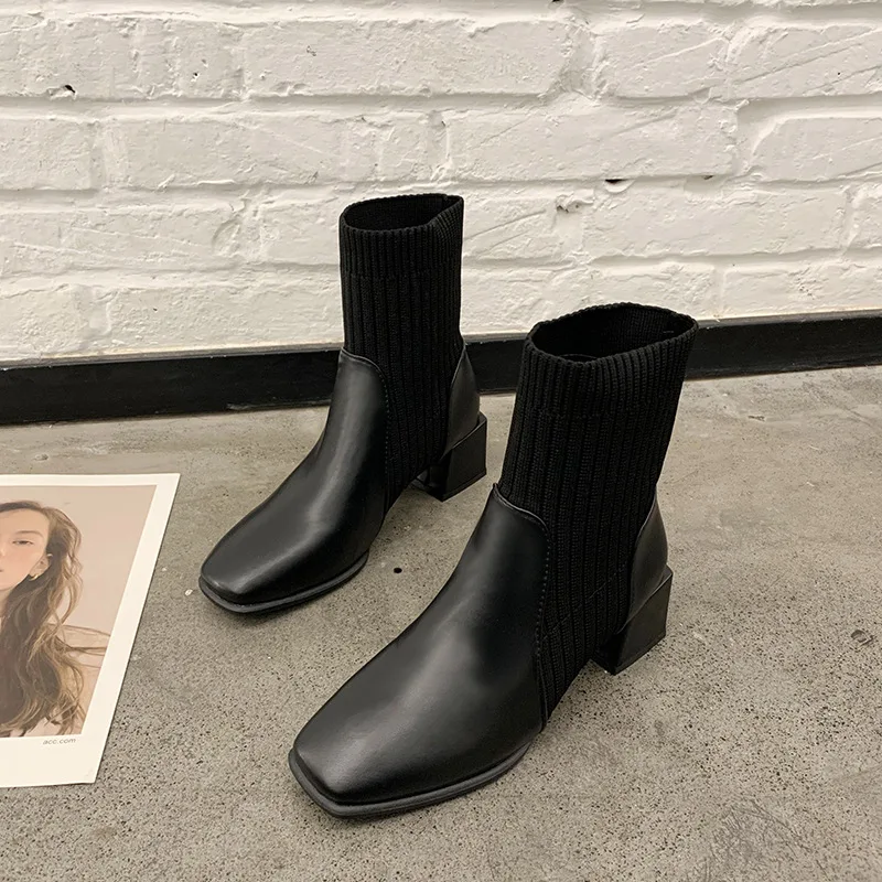 

Large Size Boots Knitted Chunky Heel Square Head Short Boots Women's Ankle Elastic Boots Autumn Winter New Style