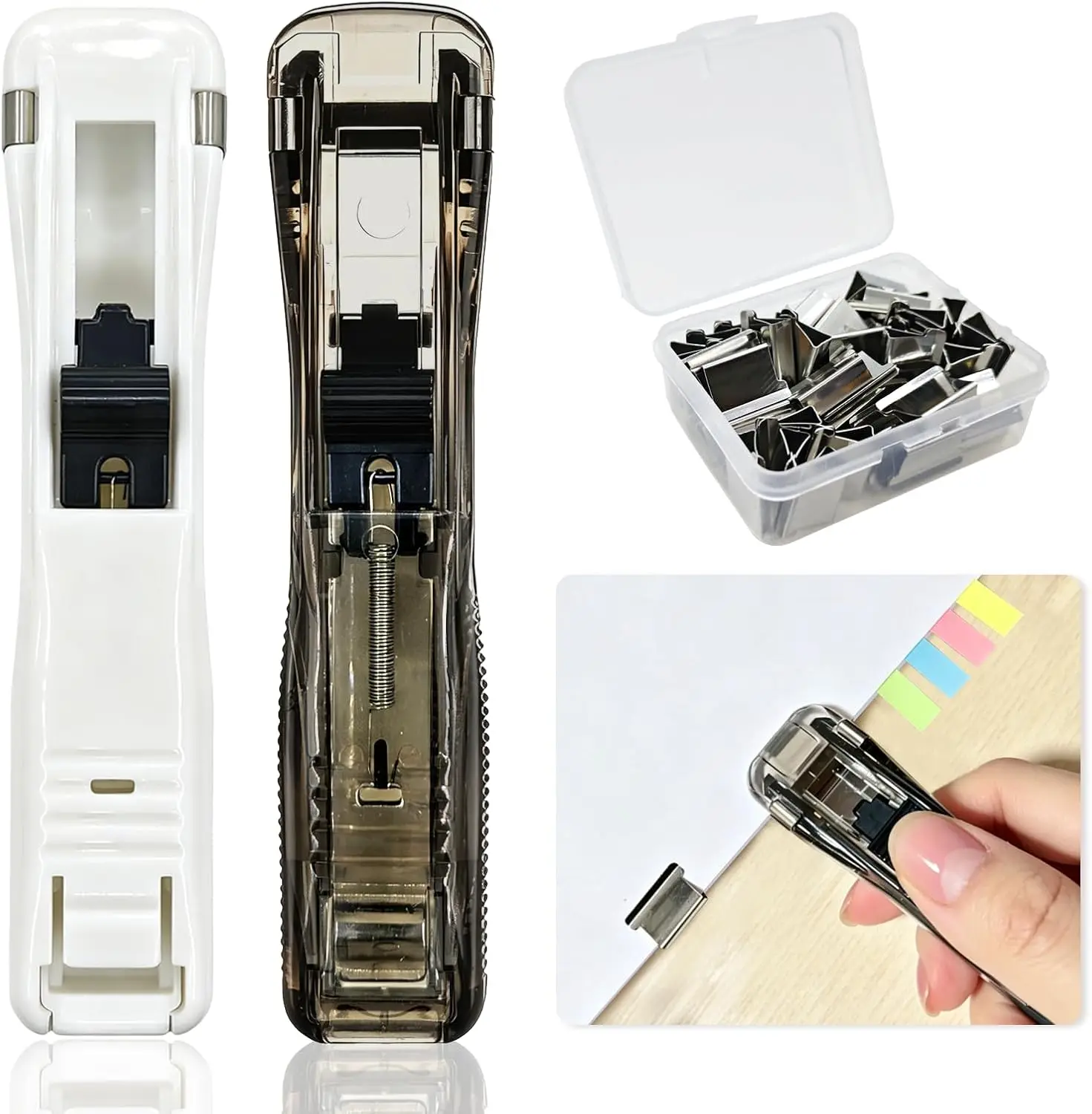 2 Pcs Portable Binder Clip Stapler,Creative Stapleless Stapler No Holes,Push Clip Stapler with 50 Reusable Stainless Steel Refill Clips,Clamp Clips Dispenser for Office Document School Supplies