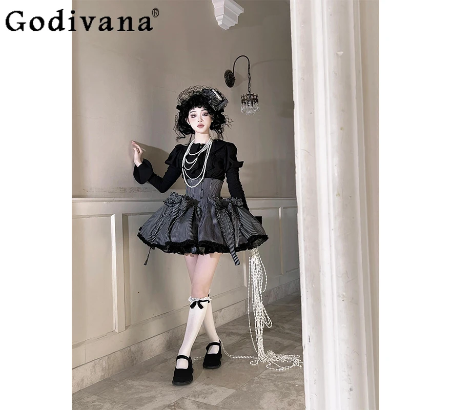 القوطية لوليتا ملابس النساء النمط الياباني قميص أسود مخطط تنورة مجموعة الإناث الخريف التخسيس ارتداء اليومي تنورة الدعاوى #3