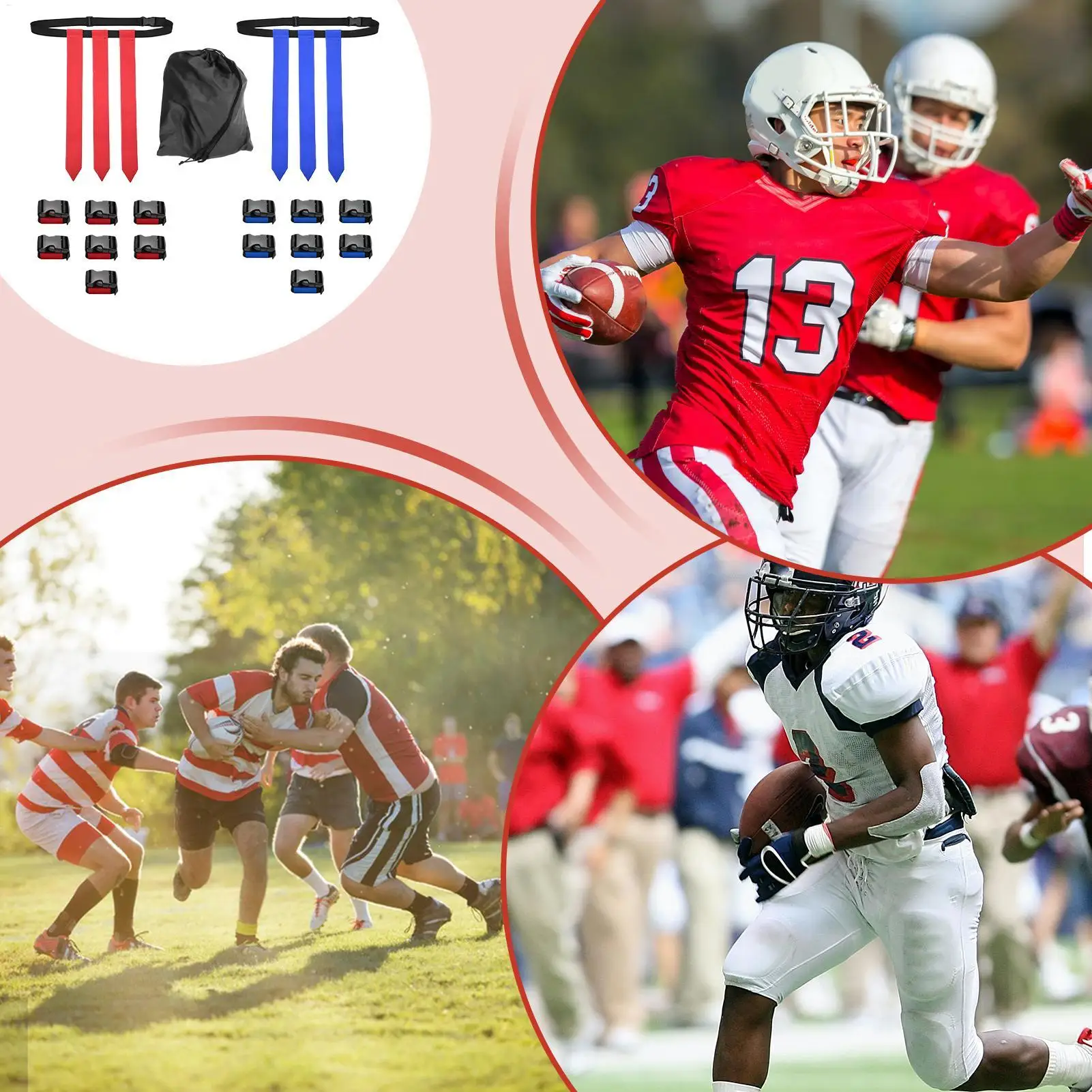 Flag Football Belts 14-Player Adjustable Training Equipment Youth Football Games Belts Flag for Adults Women Men Kids Girls Boys