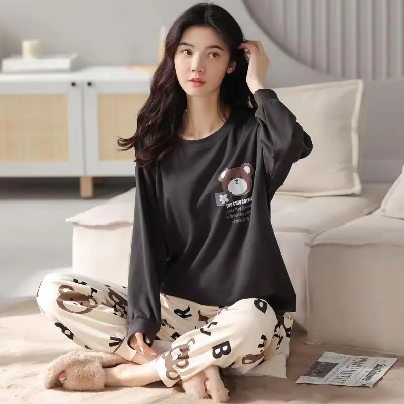 Plus Size Ladies Pajamas Set Autumn and Winter Long-Sleeved Student Homewear Two-Piece Cartoon O-Neck Long Trousers Sleepwear