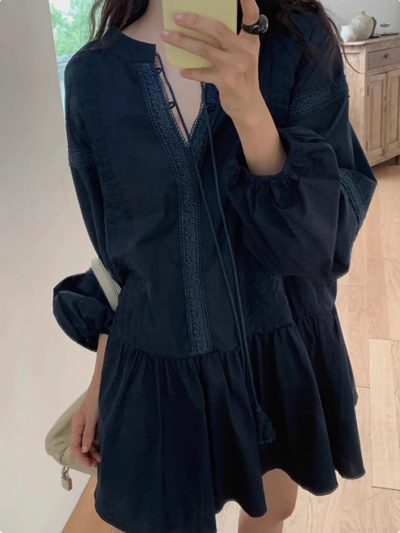 New Korea Chic Dresses Spring Retro National Stand Collar Splicing Lace Hook Flower Loose Ruffled Long-sleeved Dress Female