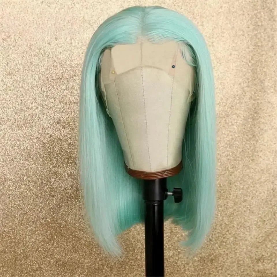 Mint Green Straight Short Bob Lace Front Wigs 10 Inches Synthetic and blend Free Part Daily Party Cosplay Clearance for Women