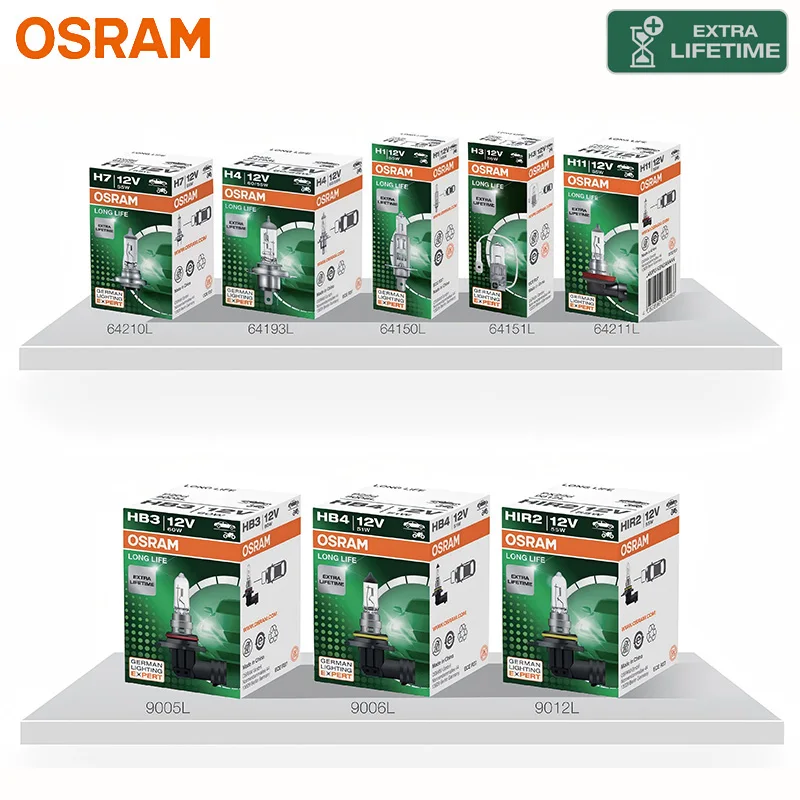Lâmpada Halógena Original OSRAM LONG LIFE H4 H7 H11 para Farol Automotivo H1 H3 HB3(9005) HB4(9006) HIR2(9012) 12V 3200K Branca para Neblina 1/2x