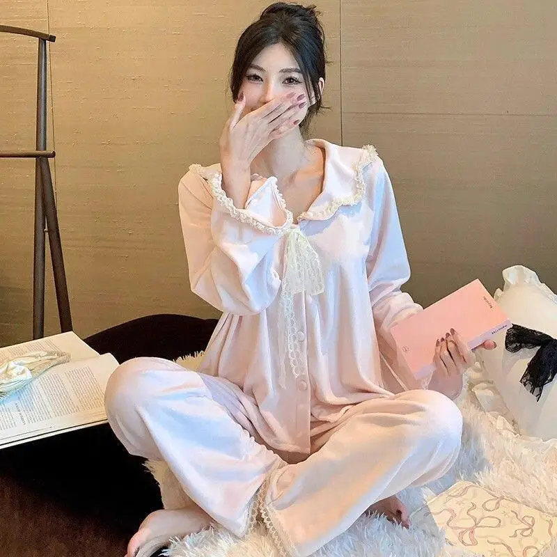 

Комплекты пижам с кружевной отделкой для девочек: свободные, милые, мягкие, с длинными рукавами, для отдыха, весенне-осенняя одежда, для ношения на улице, подарок для девочки