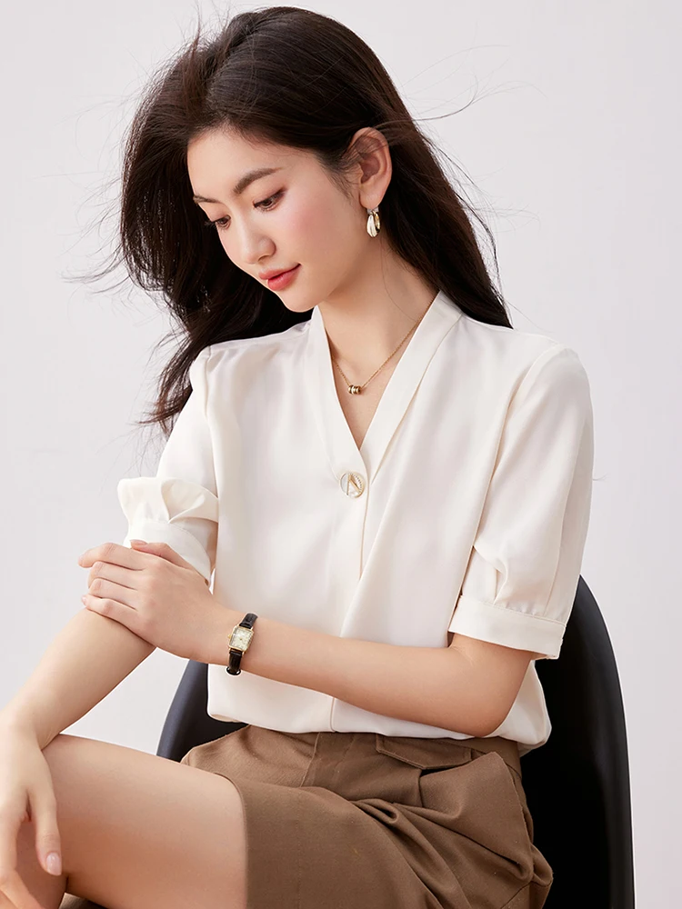 Women V-neck Long Sleeved Blouse 2024 Spring New Office Shirts Casual Temperament Blouses Basic Elegant Womens Tops