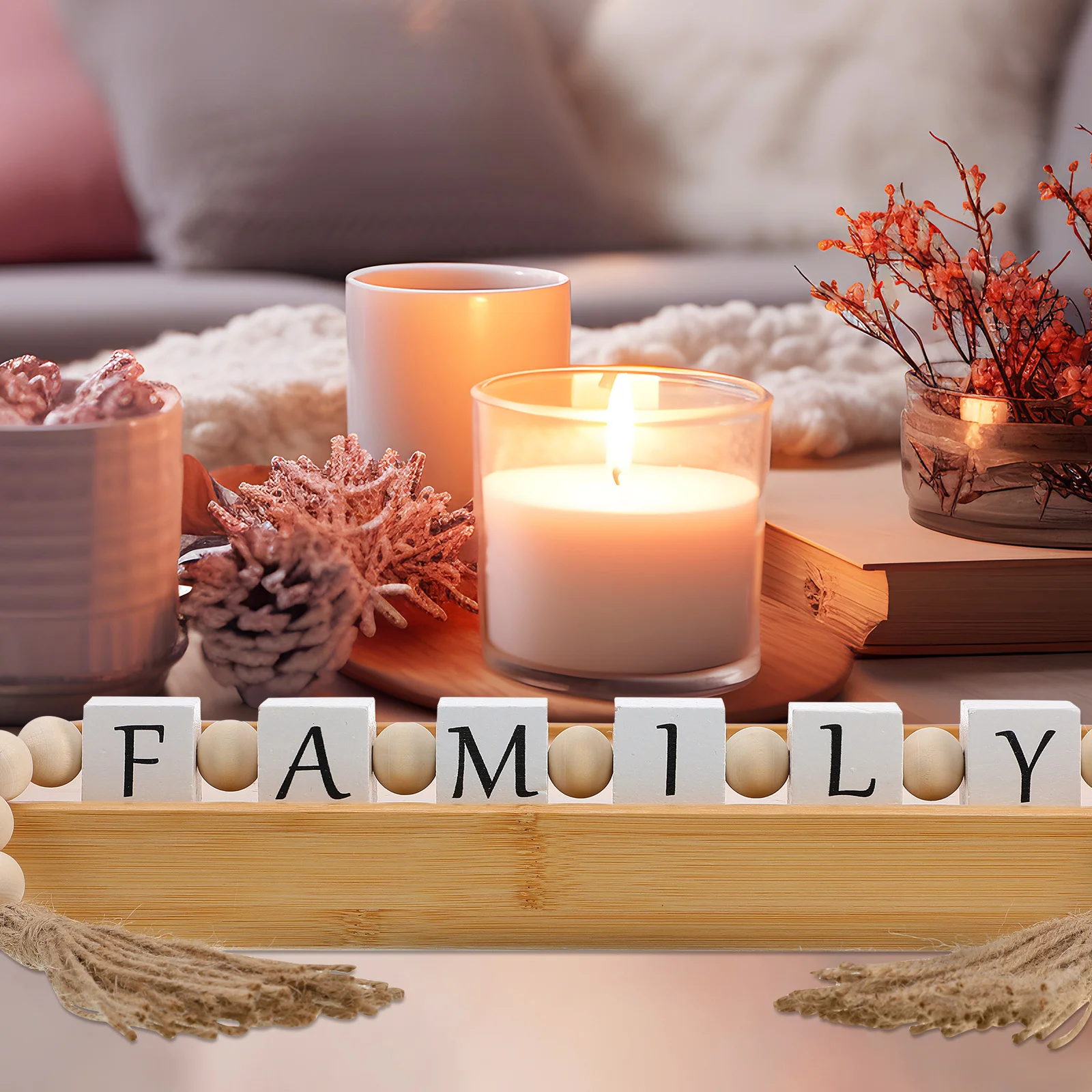 

Wood Bead Family Letter Garland Tassel Farmhouse Decor Rustic Beaded Ornament Shelf Table Decoration Bead Decor for Table