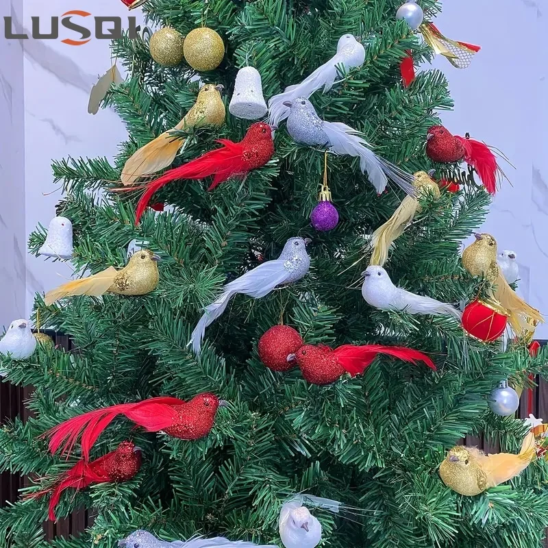 LUSQI 12/24Pcs Simulation Birds Christmas Tree Figurines Decor Artificial Ornament Home Clips Xmas Model Glitter Birds with Clip