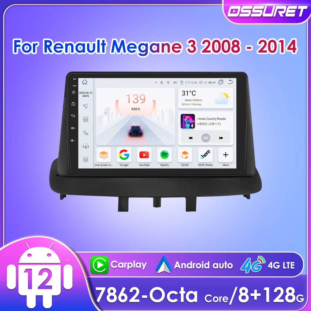 

Автомобильный радиоприемник Ossuret, 9 дюймов, Android, для Renault Megane 3 2008-2014, мультимедийная навигация, GPS, CarPlay, BT, RDS, DSP, DVR, голосовое управление