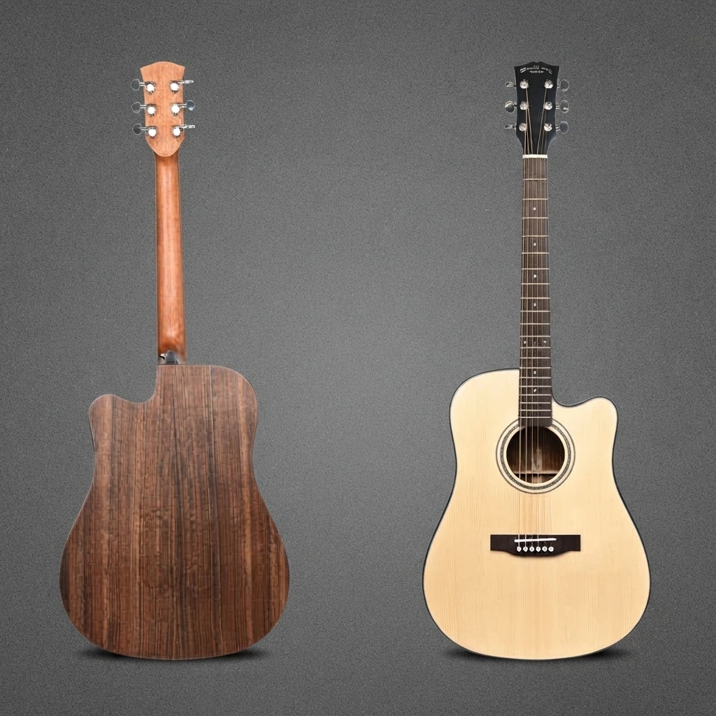 Dreadnought Cutaway Folk Guitar, Solid Top, Dark Fretboard, Gloss Finish, Dot Inlay, Chrome Tuners, 6 Strings for Beginners