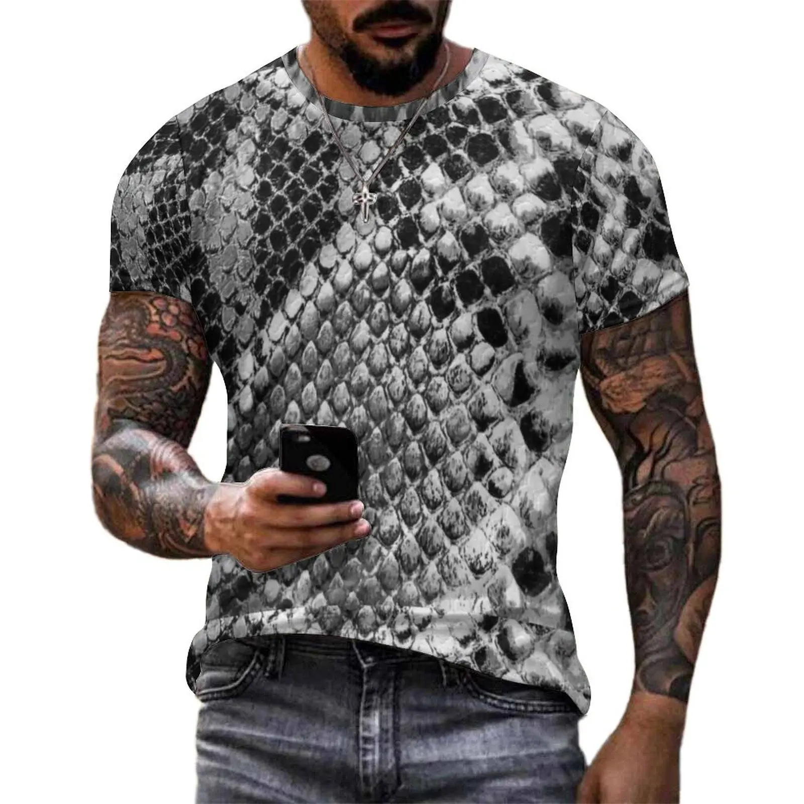 Oversized T Shirt Summer Black And Gray Snakeskin T-Shirts Classic Animal Skin Basic O Neck Tee Shirt Hip Hop Custom Clothes