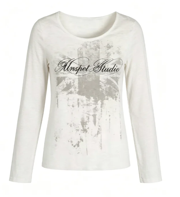 2026 Autumn Women Y2K Retro Long Sleeve Tee Wide Vintage British Flag Print Casual Slim Fit Grunge Aesthetic Blouse
