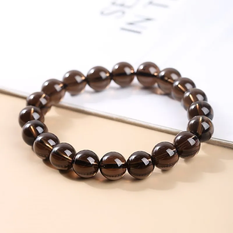 JD Natural Smoky Quartz Beaded Bracelet Men Women Tea Brown Rock Crystal Healing Energy Bangles Yoga Meditation Jewelry Gifts