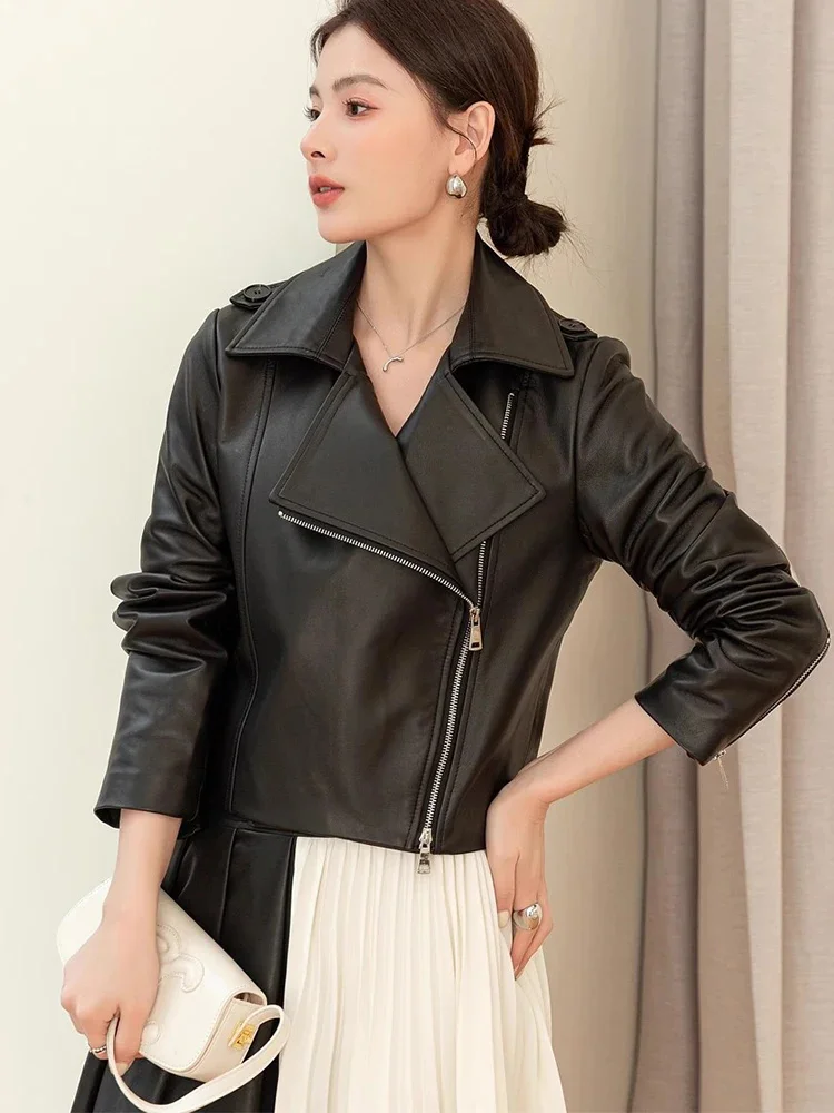 Genuine Women's Leather Coat Spring Autumn 2024 Trend High-end Soft Real Sheepskin Slim Zipper Cropped Motorcycle Jackets