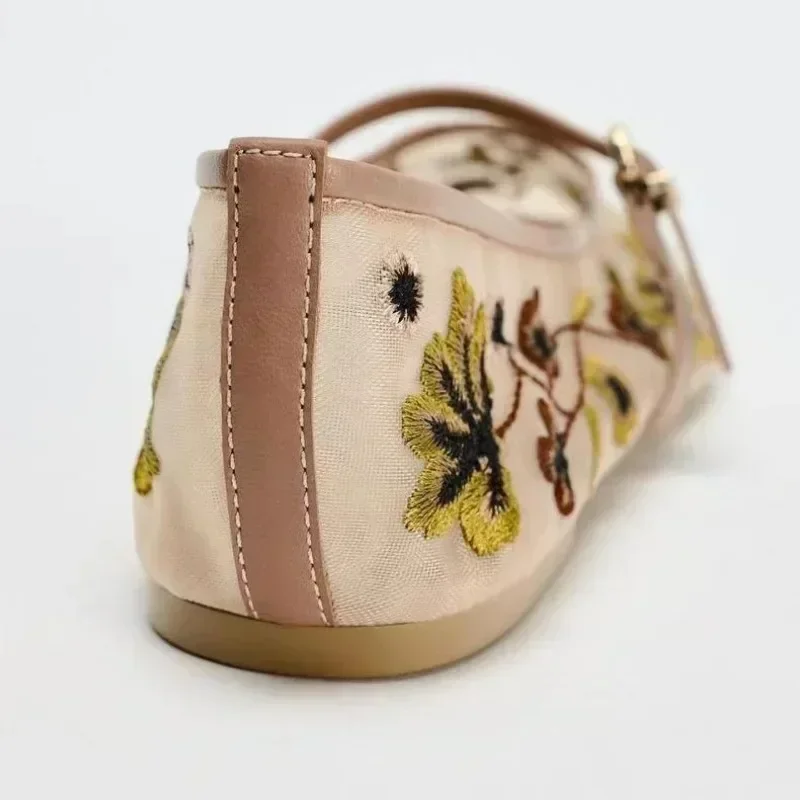 New Mesh Breathable Ballet Flats Women Luxury Designer Embroidered Flower Mary Jane Shoes Light Comfort Low Heeled Summer Flats image 4