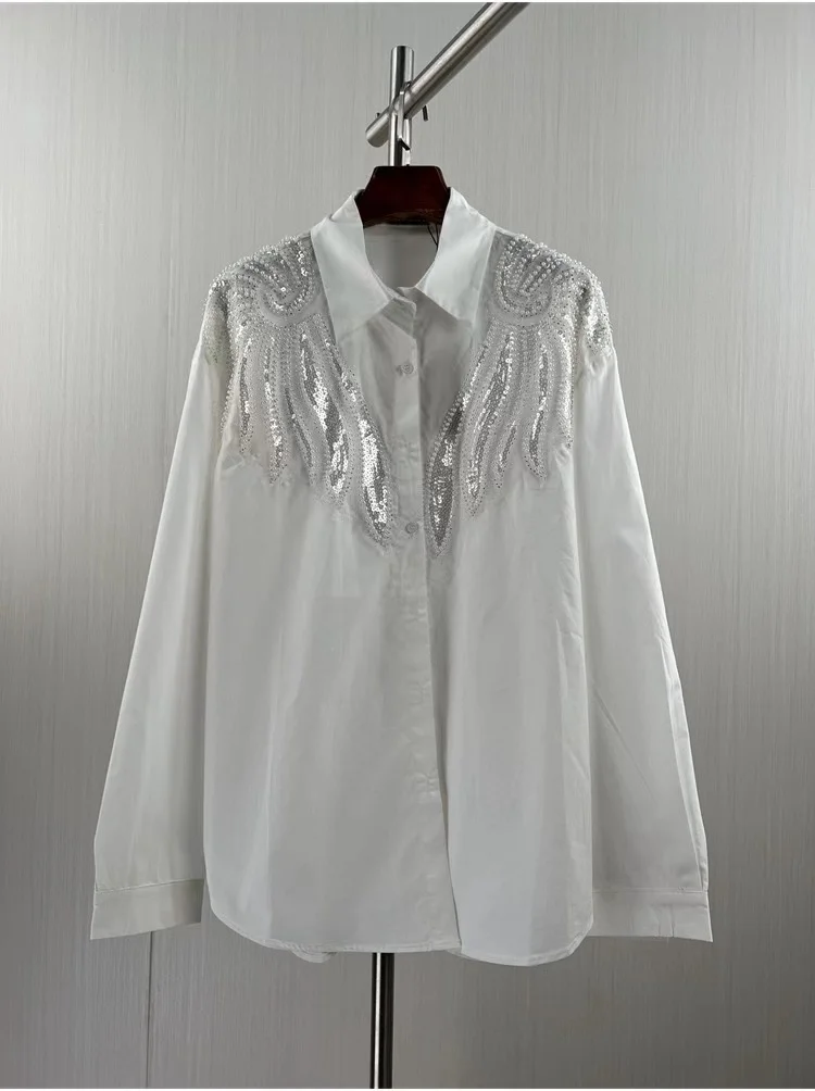 Luxury Exquisite Sequined Beaded Cotton Shirts and Blouses For Women 2024 Spring Longg Sleeve Mid-length Tops Blusas