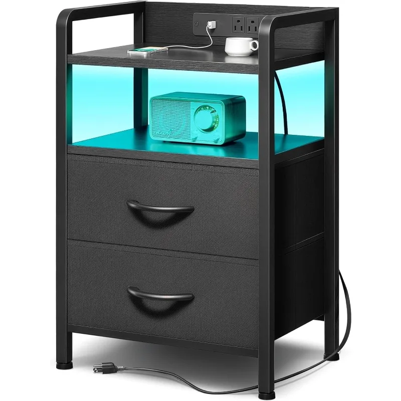 

Night Stand Bedside Table Bedroom - Nightstand with Charging Station & LED Light Strip, Bed Side Table with Storage Shelf