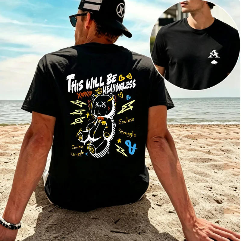 T-shirt imprimé double face pour homme, motif graffiti ours « This Will Be Meaningless », tee-shirt graphique décontracté à manches courtes, noir, streetwear