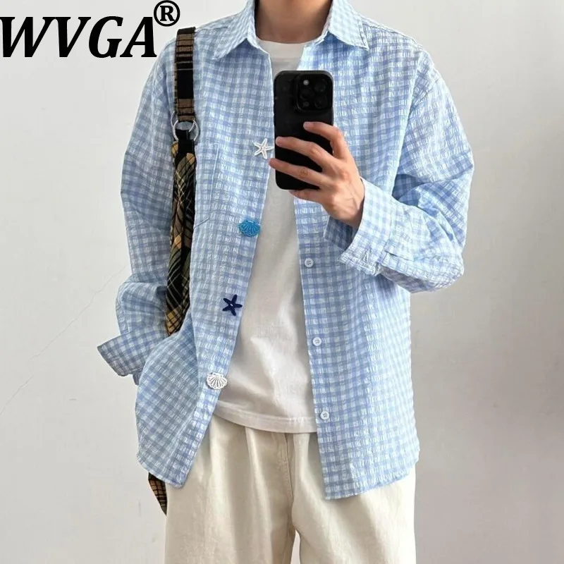 

WVGA Spring Summer New Men Plaid Trendy Long Sleeve Shirt Korean Style Niche Chic Casual Couple Turn-Down Collar Tops Ins W23878