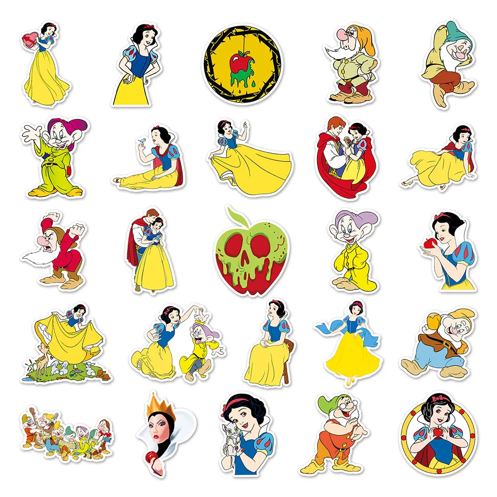 Disney Princess Snow White Adesivos Impermeáveis, Decalques dos desenhos animados Kawaii, Papelaria Decorativa, Diário, Laptop, Etiqueta Bonito, 10 Pcs, 30 Pcs, 50Pcs