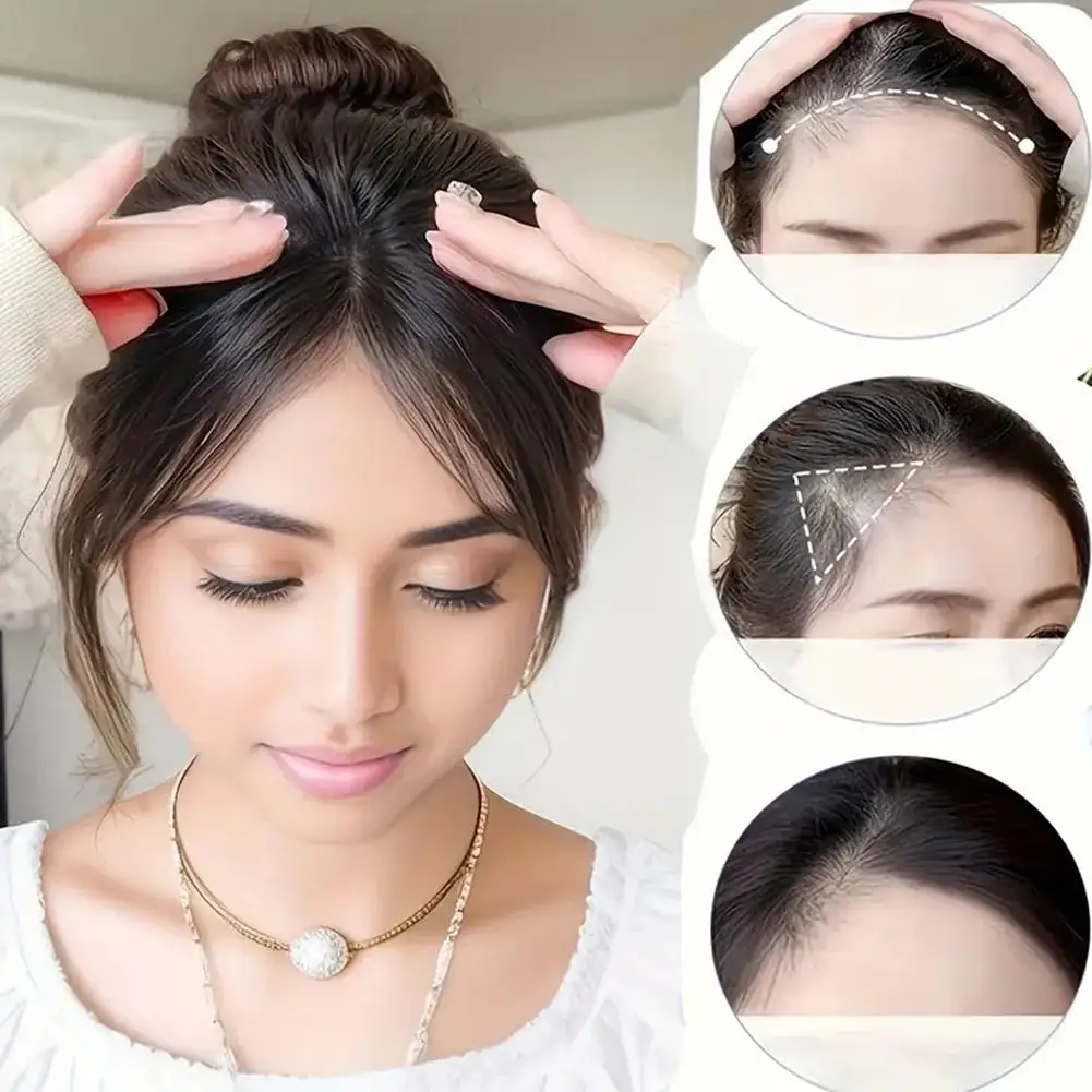Extensions de cheveux Synthesis Wig à clipser pour le front, avec frange à raie centrale, naturelle, sans démarcation, style oblique français et frange en forme de huit