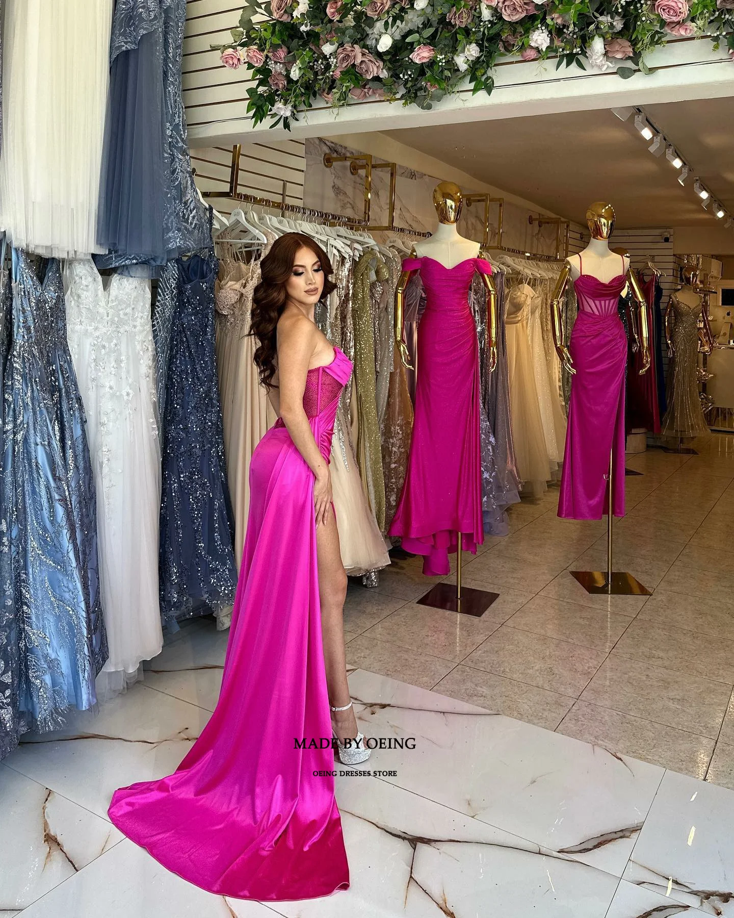 OEING Fuchsia Sexy Mermaid Party Dress Elegant Side Split Prom Dresses For Women Special Occasion Gowns Vestidos De Novia