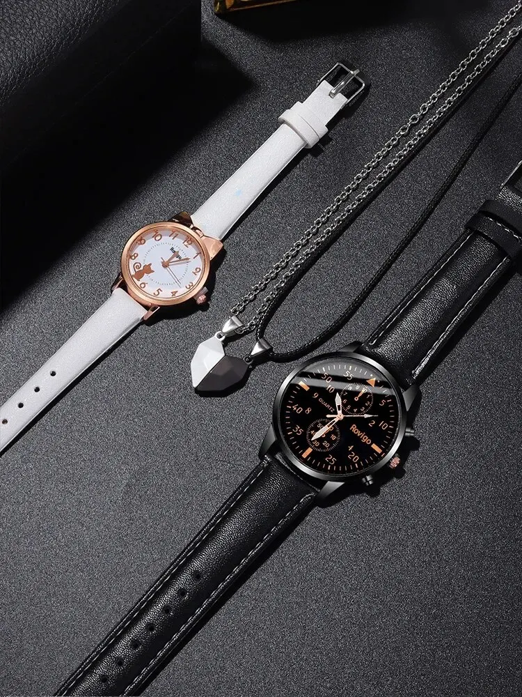 4pcs Fashion Versatile Creative Personalized Men and Women Couple Watch Quartz Watch with Love Pendant Necklace Combination Set