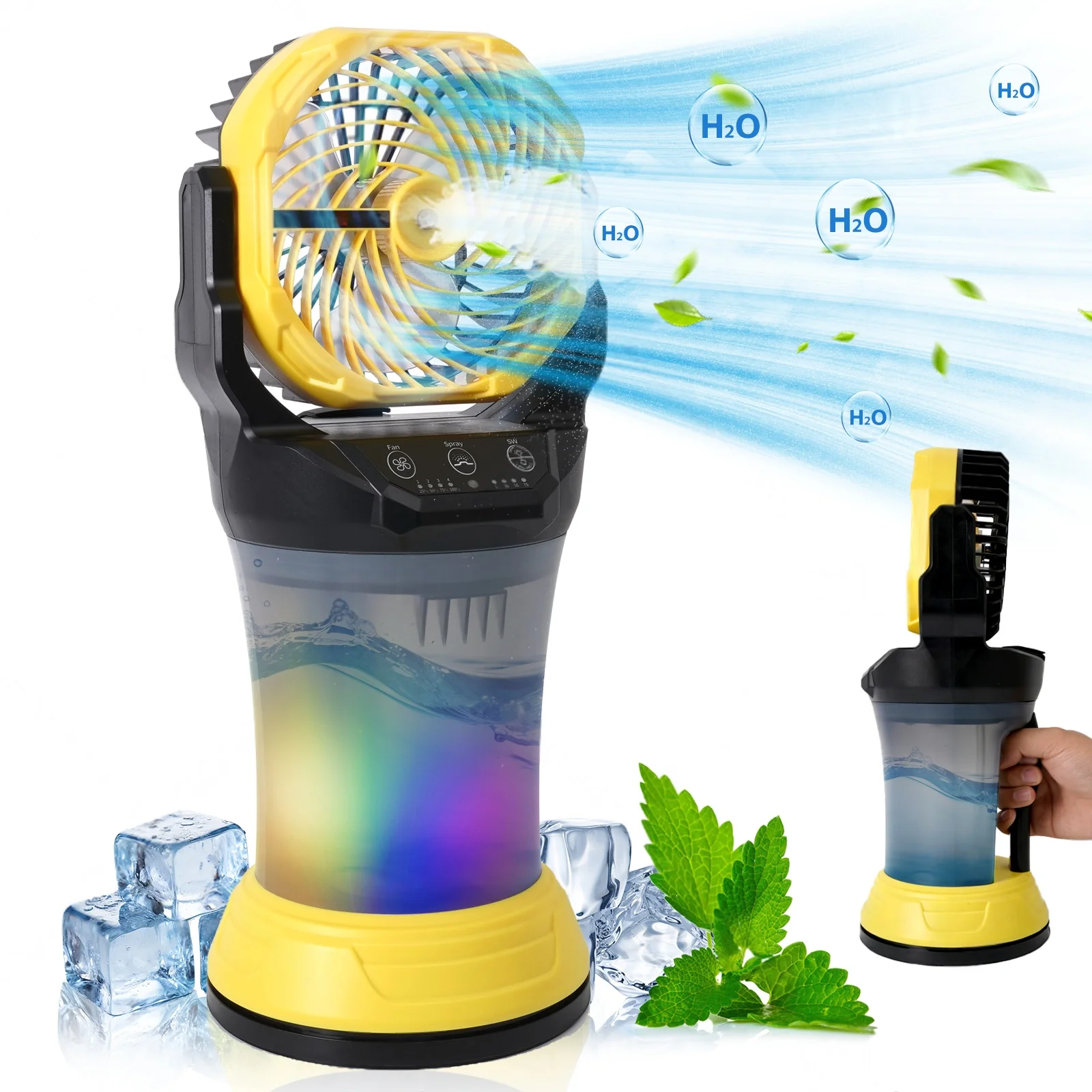 Tragbarer Nebel Ventilator 15000mAh Akku 2000ml Wassertank 4 Geschwindigkeiten RGB Licht Outdoor Kühlventilator