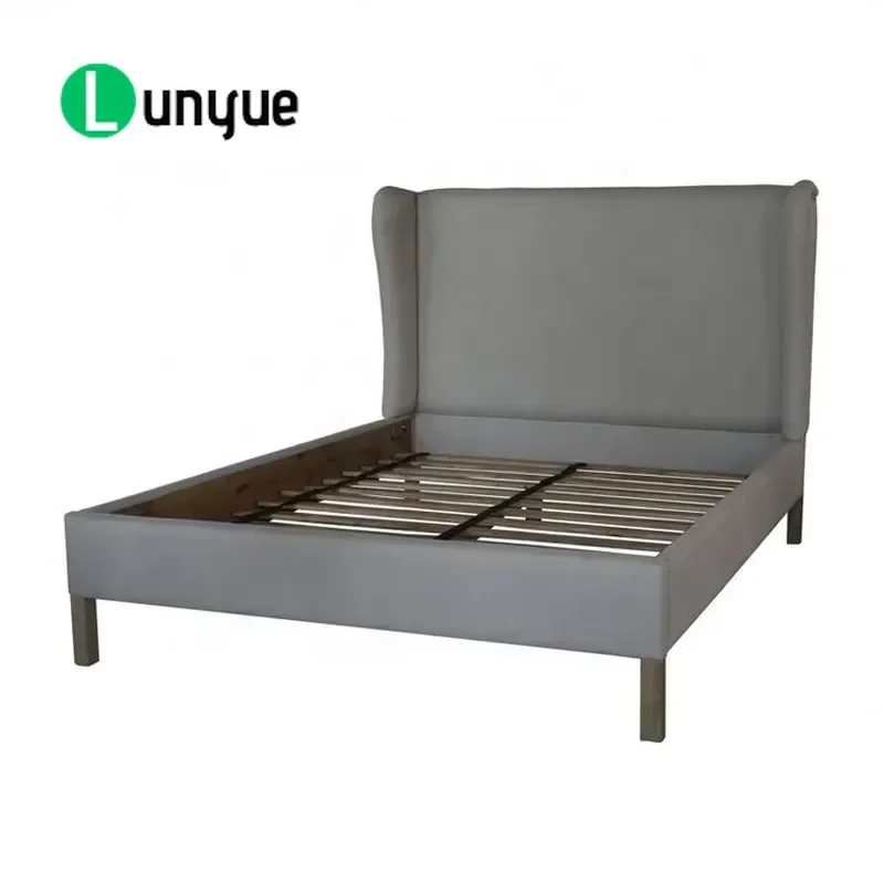 Modern European Queen Size Solid Oak Wood Platform Bed with Linen Upholstered Headboard and Studs Double Bedroom Furniture