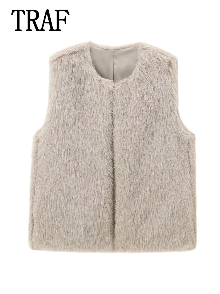 TRAF Women's Winter Fake Fur Vest Warm Fashion Casual Waistcoat Coat Sleeveless Jackets Fashion Streetwear New In Outerwear