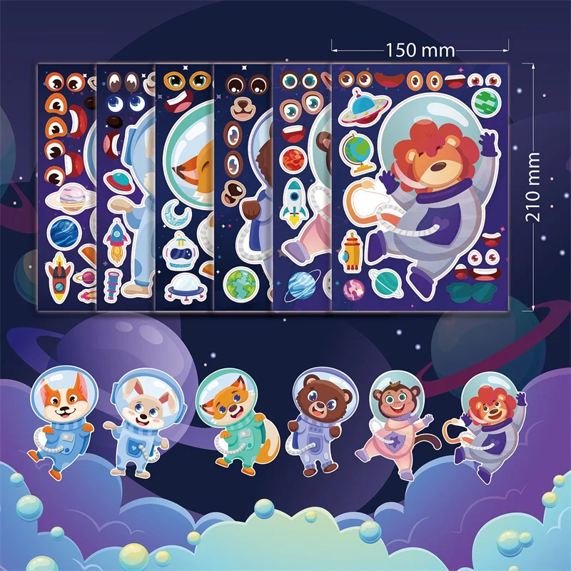 Children's DIY Stickers Make Your Own Animal Astronauts Craft Create A Face Stickers for Kids Toddlers Birthday Activities Party