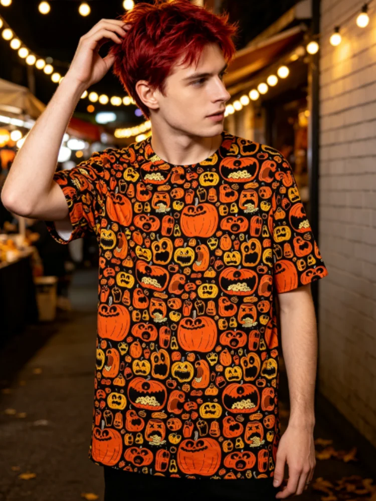 Halloween Versatile Men's T-shirts Christmas Element Pumpkin Head Print Oversized T-shirt Men's y2k Short Sleeve Tee Tshirt Tops