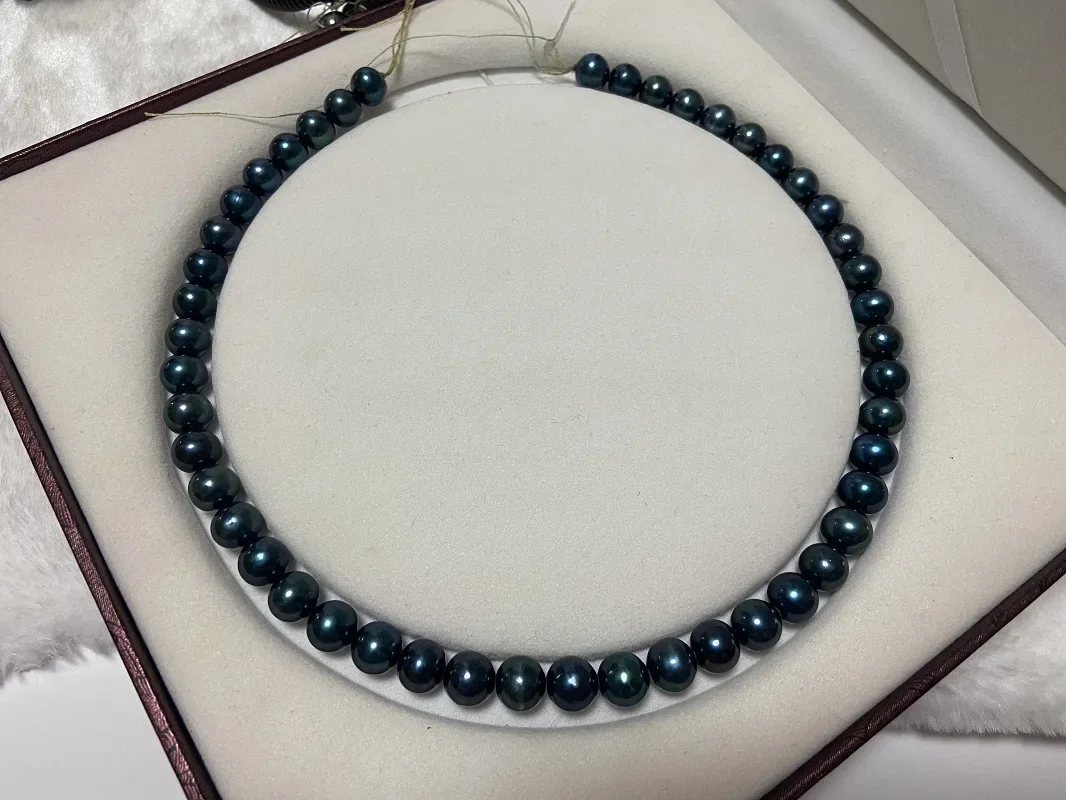 

Fashion 9-10mm Pearl Necklace for Women Real Round Sea Black Peacock Pearls Fine 925 Sterling Silver Jewelry
