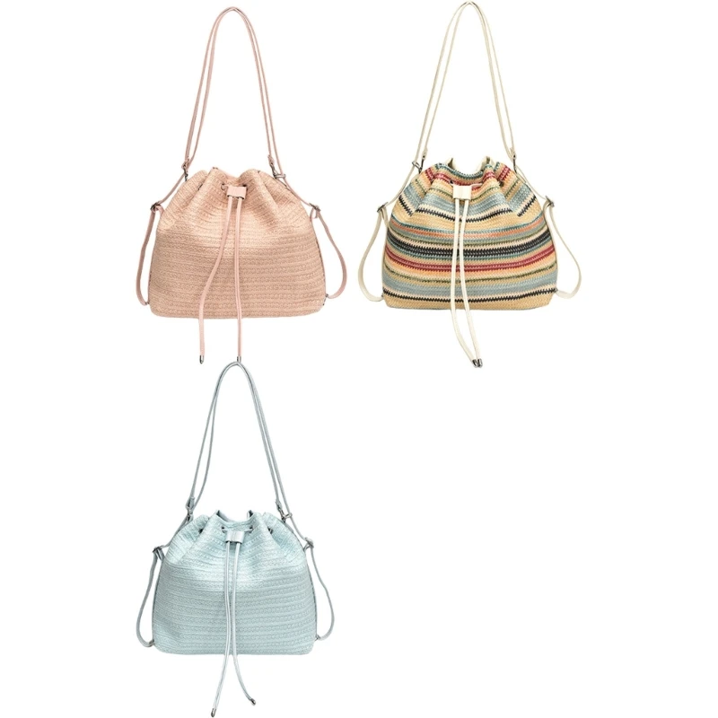 

Aesthetic Woven Straw Shoulder Bucket Bag Large Capacity Drawstring Backpack Adjustable Strap Crossbody Bag for Women