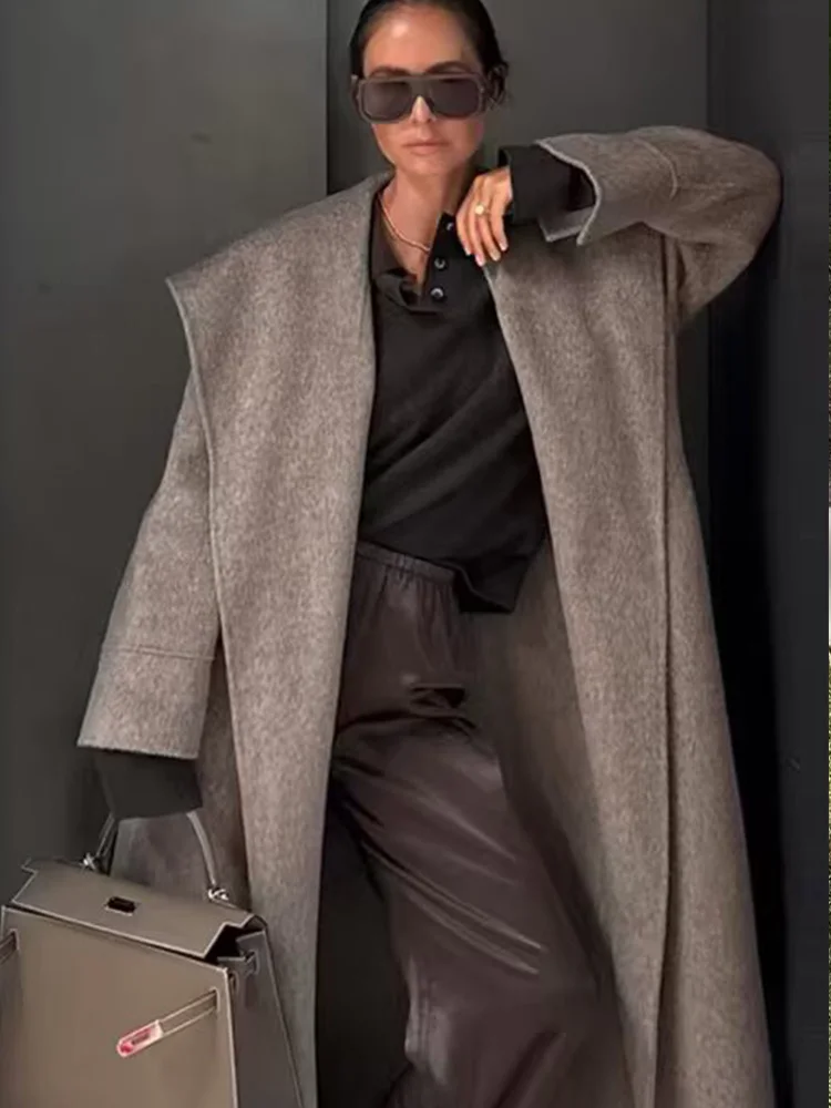 

HH женская новая модная шерстяная куртка с широким отложным воротником, женская куртка с карманами и поясом, теплое однотонное зимнее длинное пальто Mujer