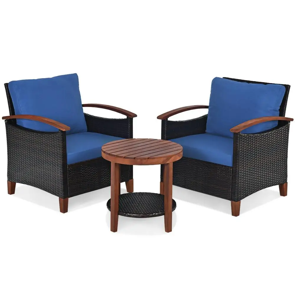 3PCS Patio Rattan Furniture Set Solid Wood Frame Cushion Sofa Round Table Shelf HW65226