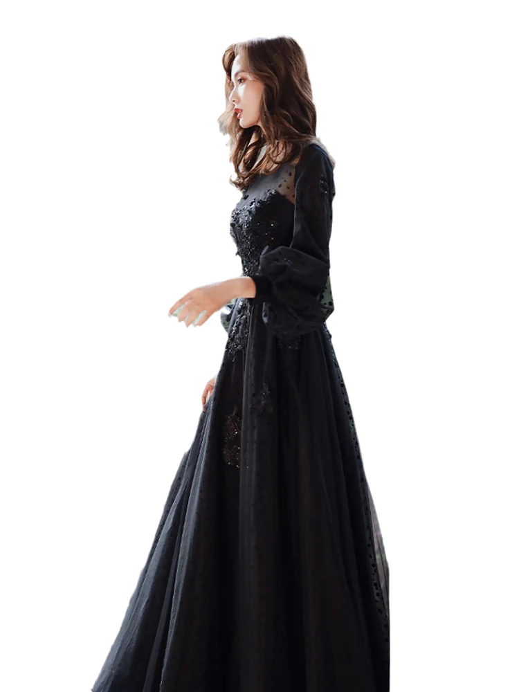 Elegant Black Long Sleeve Evening Dresses Luxury Appliques A-Line Floor-Length Tulle Women Prom Gowns 2022