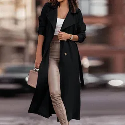 Loose Retros Double Breasted Black Khaki Windbreaker Women Autumn Fashion Design Vintage Tunic Sashes Casual Long Coat